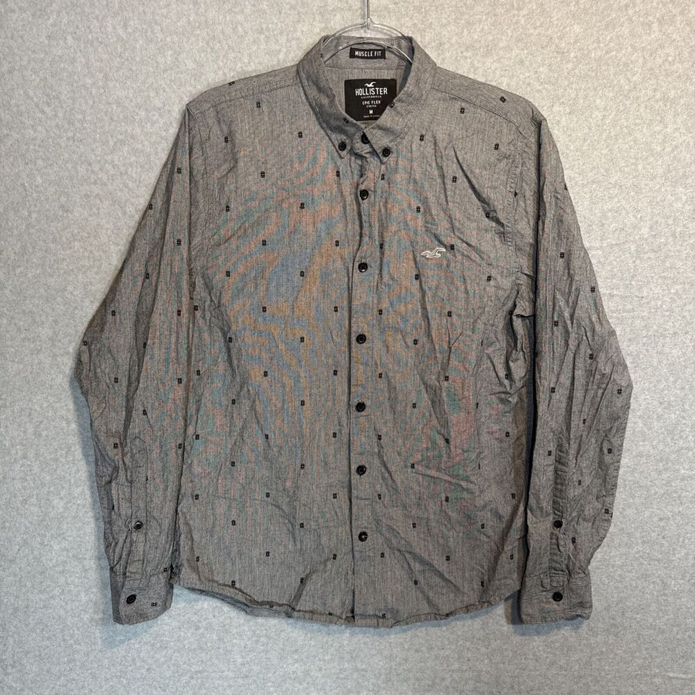 Hollister Men’s Long Sleeve Print Muscle Fit Epic Flex Button Up Shirt Gray Med‎